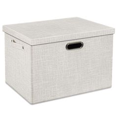 a white storage box with handles