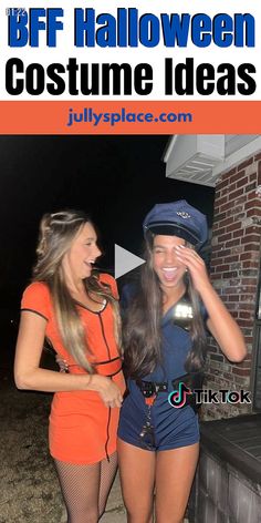 two girls dressed up in halloween costumes with text overlay that reads, the bff halloween costume ideas