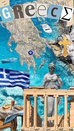 a collage of greece and the greek flag with an image of a statue in front of it