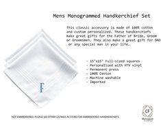 "Mens White Monogrammed handkerchief Set of 3, 6, 9 or 12 This classic accessory is made of 100% cotton and custom personalized. These handkerchiefs make great gifts for the Father of Bride, Groom or Groomsmen. They also make a great gift for DAD or any special man in your life. 15\"x15\" Full-sized squares, permanent press Cotton Machine washable Imported Checkout similar items: http://bit.ly/CFMonogramHandkerchiefs -If ordering multiple sets, please contact me to combine shipping costs. -If yo Classic Rectangular Handkerchiefs For Gifts, Classic Rectangular Handkerchiefs As Gifts, Classic Handkerchiefs For Father's Day Gift, Classic Cotton Handkerchiefs For Formal Occasions, Classic Cotton Formal Handkerchiefs, Classic Cotton Handkerchiefs As Gift, Classic Personalized Handkerchiefs For Anniversary, Classic Personalized Handkerchiefs For Gifts, Classic Personalized Handkerchiefs As Gift