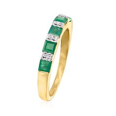 Ross-Simons - .70ct t. w. Emerald Ring, Diamond Accents in 18kt Yellow Gold Over Sterling. Size 9. An RS exclusive. Add color and sparkle to your stack with this must-have ring! In a neat line, verdant .70 ct. t. w. princess-cut emeralds alternate with diamond accents in polished 18kt yellow gold over sterling. 1/8" wide. Emerald and diamond accent ring. Emerald birthstones are the perfect gift for May birthdays. Sky Blue Topaz Ring, Emerald Earrings Drop, Swiss Blue Topaz Ring, Emerald Birthstone, Sunflower Ring, Emerald Earrings Studs, Diamond Accent Ring, Lapis Ring, Emerald Bead