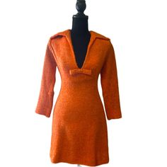 This 1960s Retro Orange, Tweed Bow Julie Miller California Dress Has Been Preserved Beautifully, And Is An Excellent Condition For Its Age It Comes With A Removable Turtleneck / Mock Neck Insert Its Double Lined Zipper Is In Mint Condition, As Well As The Clasps On The Turtleneck There Is No Size Listed Here Are Measurements.: Waist: 14in Laying Flat Length:32.5in Sleeves:20in There Is One Small Mark That Is White, So It Is Unnoticeable With The Tweed, Unless You Look Very Closely Pictured Otherwise Fitted V-neck Tweed Dress For Fall, Spring Wool Tweed Dress, Spring Fitted Wool Tweed Dress, Spring Wool Tweed Fitted Dress, Spring Wool Tweed Dress Fitted, 1960s Turtleneck Outfit, 60s Tweed Dress, 1970s Turtleneck, Yellow 60s Dress