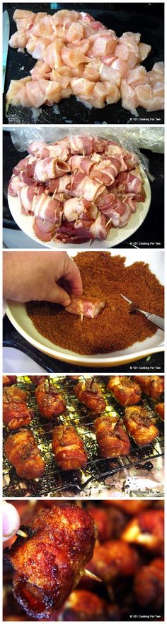 several different types of food being prepared on plates