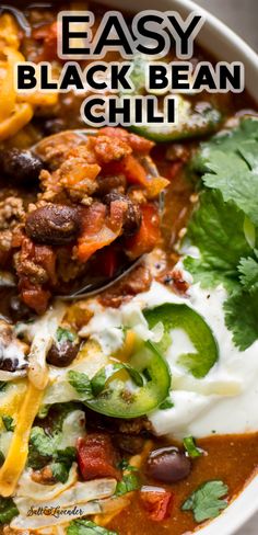 an easy black bean chili recipe in a white bowl