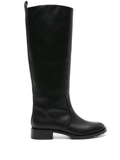 black calf leather panel detailing pull-on style round toe knee-high pull-tab at the heel leather lining 30mm heel Calf High Boots, Leopard Print Boots, Knee Length Boots, Leather Panel, Boot Print, Brown Leather Boots, Black Leather Boots, Thigh High Boots