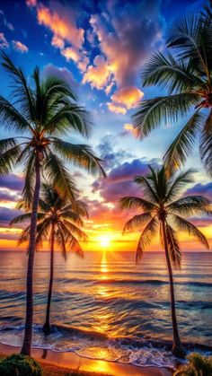 palm trees on the beach at sunset