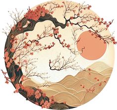 a circular painting with trees and mountains in the background, surrounded by peach colored flowers