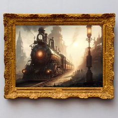 steampunk train wall art in a golden frame Steampunk Train, Train Painting, Steampunk Home Decor, Steampunk Wall Art, Flying Ship, Steampunk Party, Train Wall Art, Steampunk Wall, Steampunk Decor