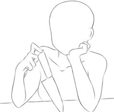 a drawing of a person sitting at a table with their hands on their chins