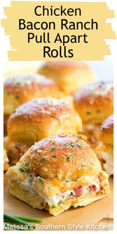 chicken bacon ranch pull apart rolls on a cutting board with the title text overlay