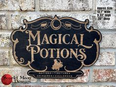 a sign that is on the side of a brick wall saying,'magic pots '