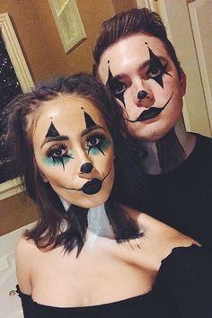 Circus Clown Halloween Costumes, Clown Makeup Couple, Makeup Halloween Pareja, Clown Couple Costume, Couple Halloween Makeup, Makijaż Sugar Skull, Best Couples Halloween Costumes, Halloween Clown Makeup