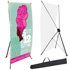 two different types of advertising signs on display in front of a white backdrop and black stand