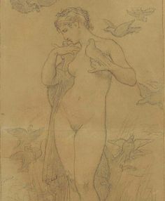 a drawing of a nude woman standing in the grass with two birds flying above her