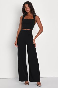 Black 2pc Jumpsuit - Sleeveless Jumpsuit - Wide-Leg Jumpsuit - Lulus Set Outfit Two Pieces, 2 Piece Dresses, Reunion Outfit, Bar Outfit, Matching Sets Outfit, Chic Blazer, Two Piece Jumpsuit, Black Two Piece, Lulu Fashion