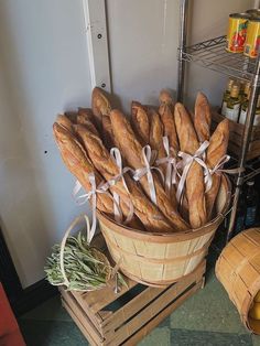 a basket filled with loaves of bread