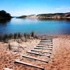 there is a set of stairs going up to the water's edge in the sand