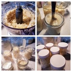 four pictures show different stages of mixing ingredients in a blender, including oatmeal and sugar