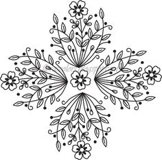 a snowflake with flowers and leaves on it, drawn by hand in black ink