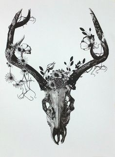 a black and white drawing of a deer skull with flowers on it's antlers