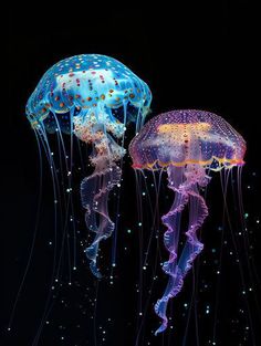 two colorful jellyfishs floating in the dark water with bubbles on their heads and legs