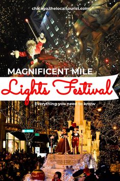 the magnificent mile lights festival is on display in front of a large building with christmas decorations