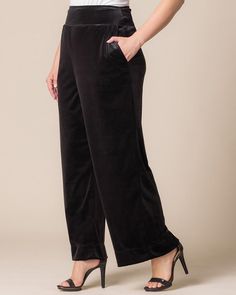 Step into a world of opulence with our Velvet Luxe Wide Leg Pants. These high-waisted, flowy palazzo pants are crafted from luxurious velvet that beautifully flatters your curves. Featuring convenient side pockets for your essentials, they seamlessly combine style and functionality. Perfect for special occasions, holiday parties, or formal events, these versatile plus size pants elevate any outfit. Whether you’re dancing the night away or enjoying an elegant dinner, you’ll feel effortlessly styl Elegant Velvet Pants For Night Out, Elegant High-waisted Velvet Pants, Chic Velvet Trousers, Elegant Velvet Wide Leg Pants For Party, Chic Velvet Wide Leg Pants, Chic Velvet Pants For Night Out, Wide-leg Velvet Pants For Party, Chic Black Velvet Pants, Party Velvet Wide-leg Pants