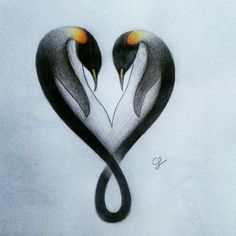 two black and white birds with yellow eyes in the shape of a heart