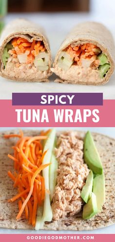 the wrap is filled with tuna, carrots and cucumber