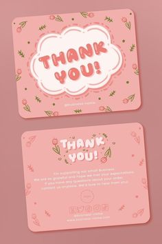 two pink thank cards with flowers and leaves on them, the words thank you are written in