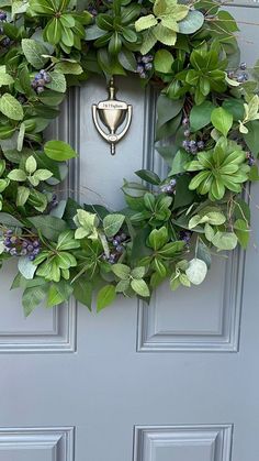 a wreath is hanging on the front door with green leaves and blue berries around it