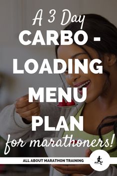 a woman holding a spoon with food on it and the words, a 3 day carbo - loading menu for marathoners