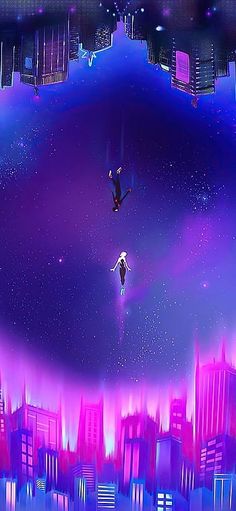 two people are flying in the air over a city at night with bright lights on them