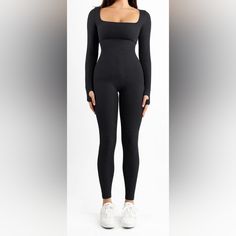 The Popilush Seamless Thumb Hole Square Neck Long Sleeve Jumpsuit Is Simple But Trendy For Any Occasion, Such As Beach, Club, Night Out, And Daily Life. Tighter Fabric On The Waist And Abdomen To Increase Body-Con Fit. The Thumb Hole Covers The Cuff. Its Fabric's Unique Stretch Further Ensures The Flexibility Of The Finger And Can Prevent Wrist Contusion. Double-Layer Removable Bra Pads For Your Bra-Less Style. Elastic And Soft Fabric For All-Day Wearing. High Square-Neck Design To Showcase Your Neckline. Black Fitted Shapewear Unitard, Fitted Seamless Jumpsuits And Rompers For Yoga, Black Seamless Bodysuit For Yoga, Black Stretch Jumpsuits And Rompers With Seamless Construction, Fitted Seamless Bodysuit For Gym, Black Seamless Bodysuit For Gym, Black Seamless Athleisure Bodysuit, Black Seamless Bodysuit In Athleisure Style, Black High Stretch Seamless Jumpsuits And Rompers