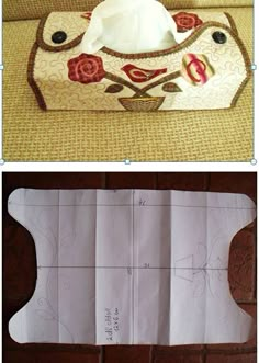 two pictures showing how to make an origami tissue box