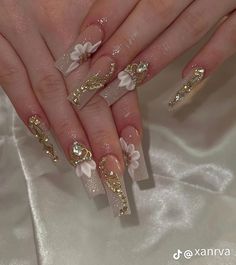 Sweet 16 Nails, Champagne Nails, Quince Nails, Gold Acrylic Nails, Milky Nails, Girly Acrylic Nails, Long Square Acrylic Nails, Unique Acrylic Nails