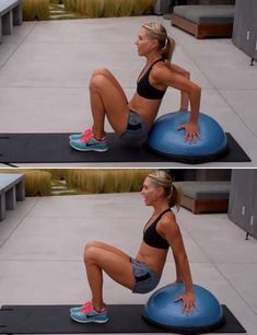 a woman doing squats on an exercise ball