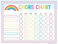 a printable chore chart with rainbows and clouds in the background for kids to use