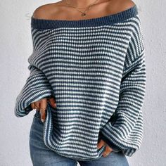 Nwt Slouchy Yet Sexy Off-The-Shoulder Lightweight Knit Sweater, In Blue And White Stripes. Fun Exaggerated Balloon Sleeves With Blue Cuffs. Fabric Is Stretchy Enough To Be Worn In Several Ways - On Both Shoulders, Off Both Shoulders, Off One Shoulder, Long And Slouchy, Tucked Up And Cropped. Comfy And Breathable, Looks Cute Paired With Leggings, Jeans, Skirts, Etc. Brand New, Never Worn, In Perfect Condition! Free Gift Included With Every Purchase! Fall Knit Sweater, Lantern Sleeve Sweater, Bandeau Tops, Pullover Mode, Winter Pullover, Drop Shoulder Sweaters, Hem Design, Look Casual, Casual Pullover