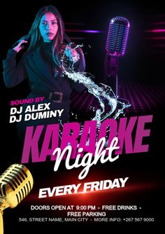 karaoke night flyer template with microphone and woman in black suit on dark stage background