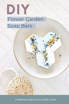 a bowl with soap bars in it and the words diy flower garden soap bars