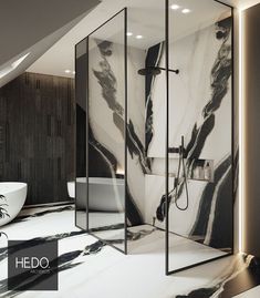 a modern bathroom with black and white marble