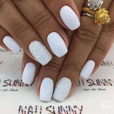 Nails With Glitter, Finger Nails, White Nail Art, Nail Stuff, Nail Art Wedding