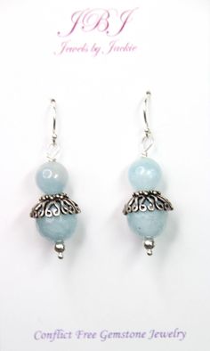 Aquamarine Blue 8mm & 10mm Ball Gemstone .925 Sterling Silver Earrings 1 1/2" Artisan Jewelry Earrings, Silver Caps, Handcrafted Artisan Jewelry, Handmade Jewelry Designs, Copper Rings, Aquamarine Blue, Jewelry Designer, 925 Sterling Silver Earrings, Diy Earrings