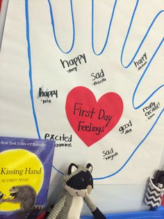 a stuffed animal next to a handprint with the words happy first day feelings