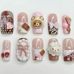 pink and brown rilakkuma nails chocolate Bears Nails, Hello Kitty Nails, Cute Nail Art, Manicure Y Pedicure