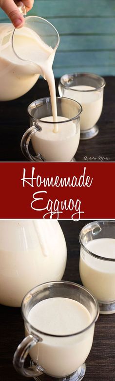 homemade eggnog is being poured into glass bowls on a wooden table with red border