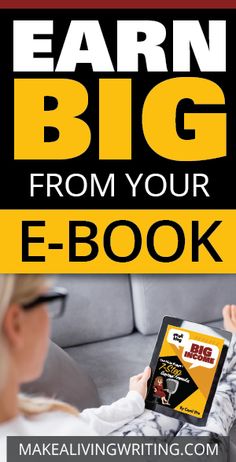 a woman sitting on a couch holding an e - book with the title learn big from your e - book