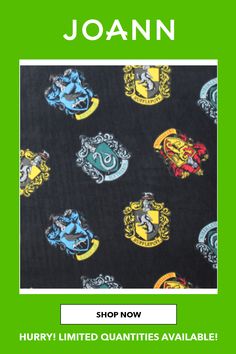 a black background with hogwarts symbols on it and the words joann shop now