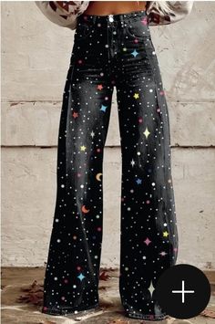 Graphic Jeans, Casual Wide Leg Pants, Denim Patterns, Printed Wide Leg Pants, Moon Print, Upcycled Clothing, Pantalon Large, Mode Inspo, Cool Clothes